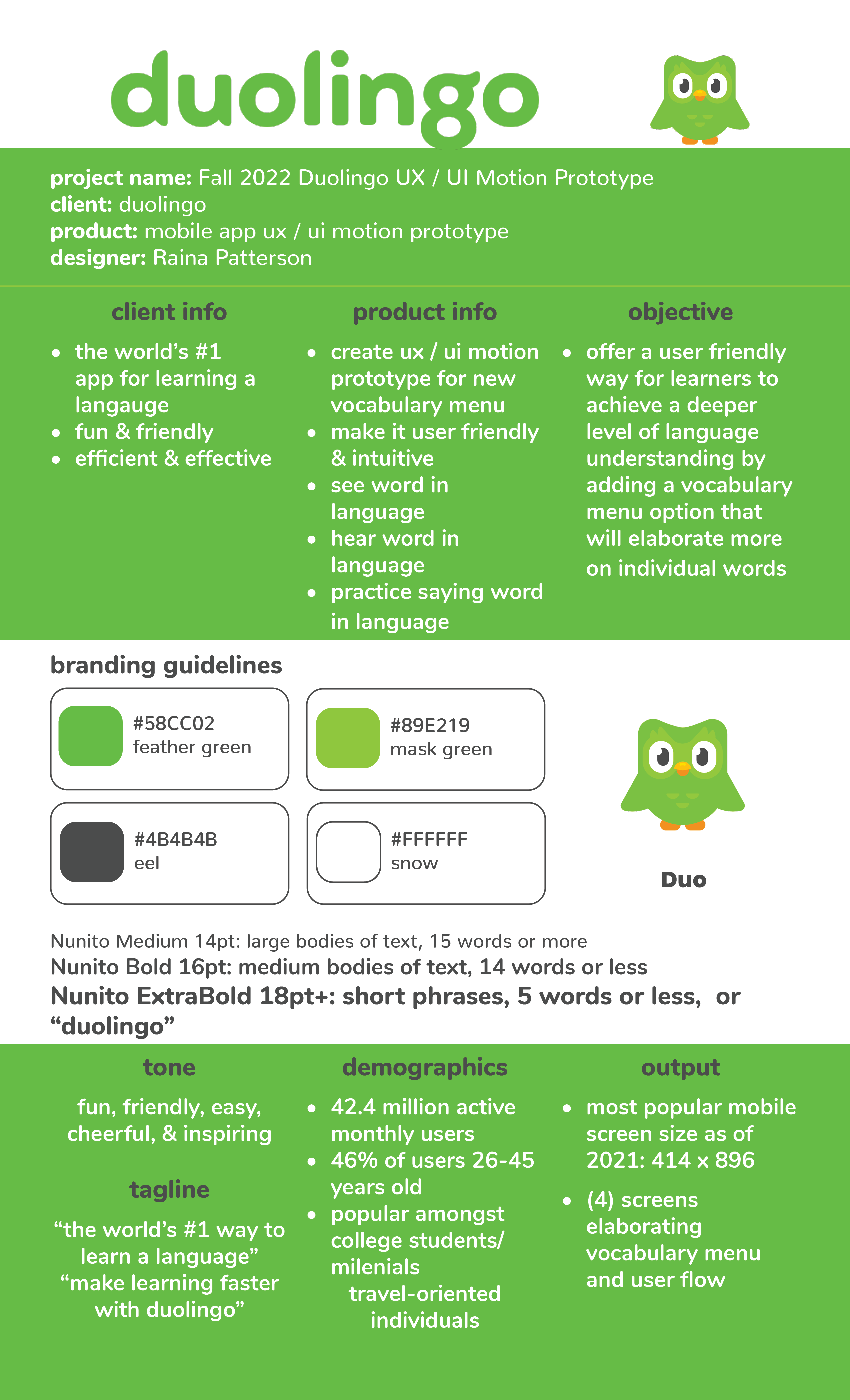 Creative brief document for Duolingo project